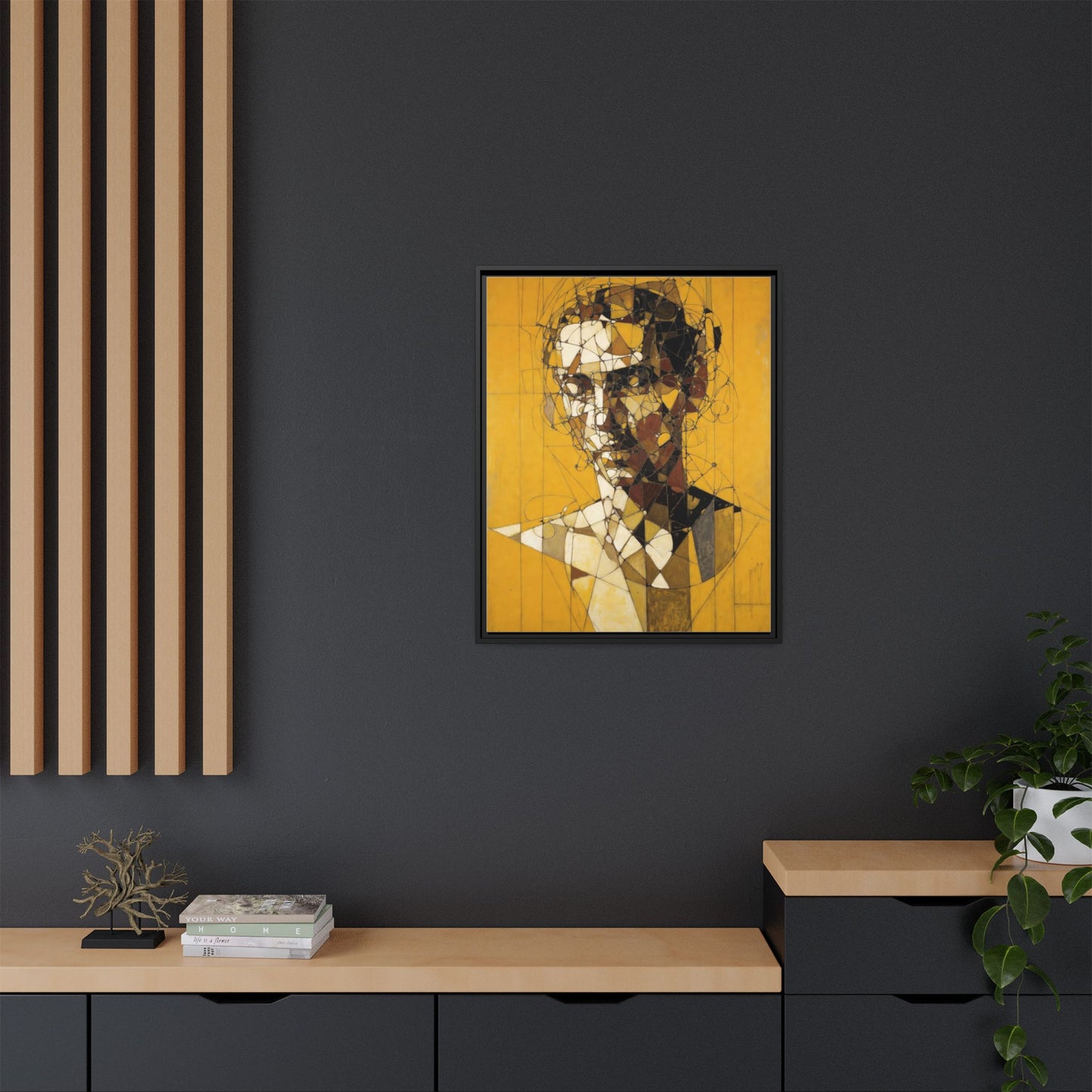 Framed Matte Canvas Art - Abstract Geometric Portrait on Mustard Yellow