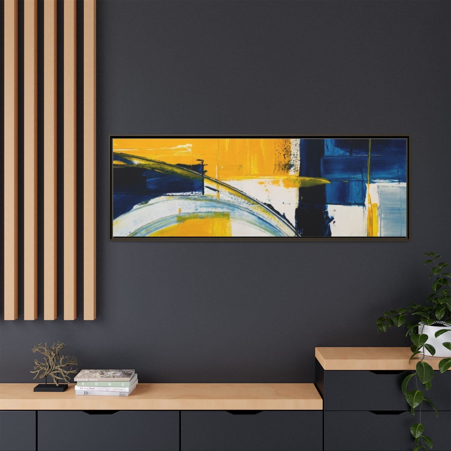 Abstract Yellow & Blue Framed Canvas Wall Art — Modern Matte Canvas Print
