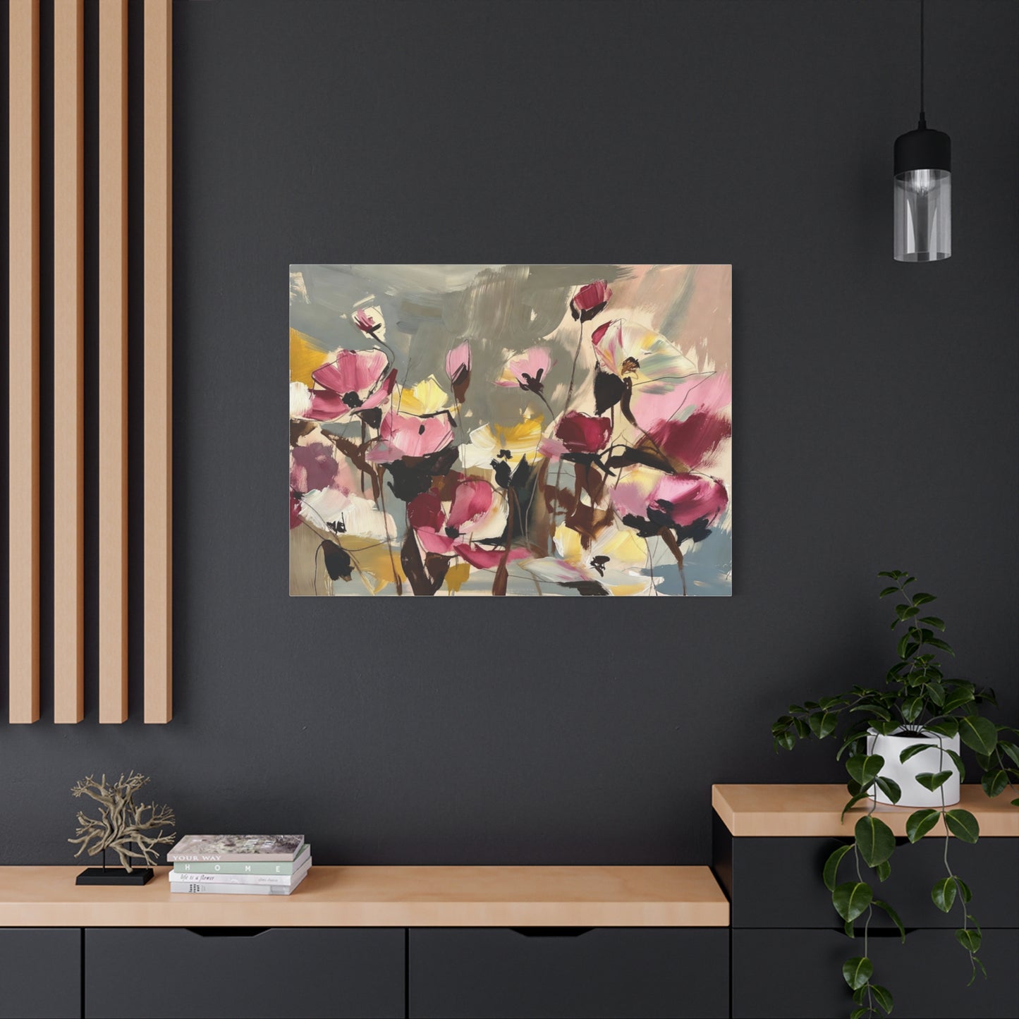 Floral Abstract Canvas Wall Art — Pink & Yellow Bloom Stretched Matte Print