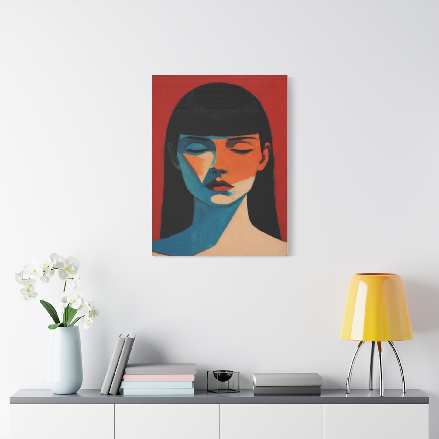 Portrait Canvas Wall Art — Modern Minimalist Woman in Red & Blue