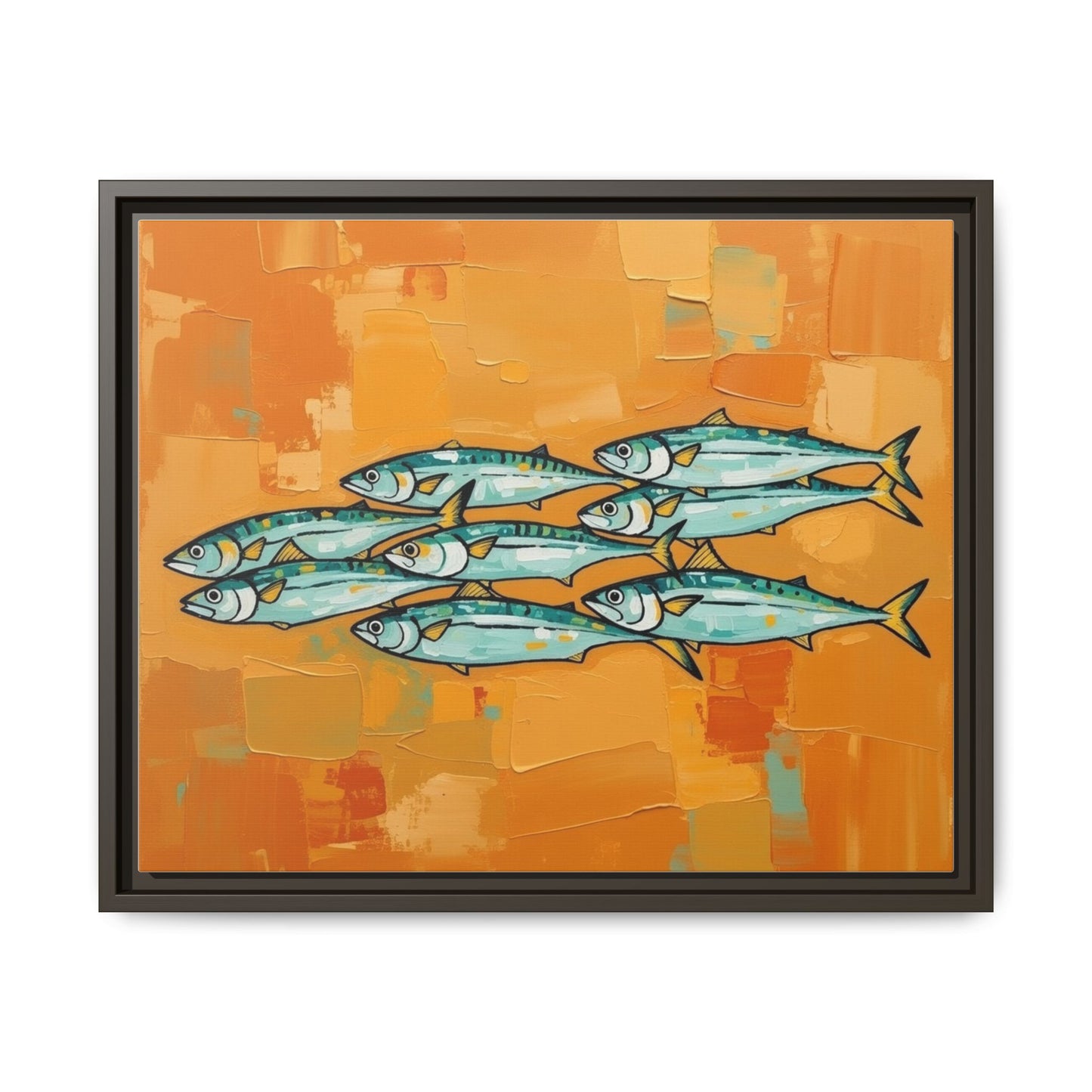 Framed Matte Canvas Print — School of Blue Fish on Orange Abstract Background