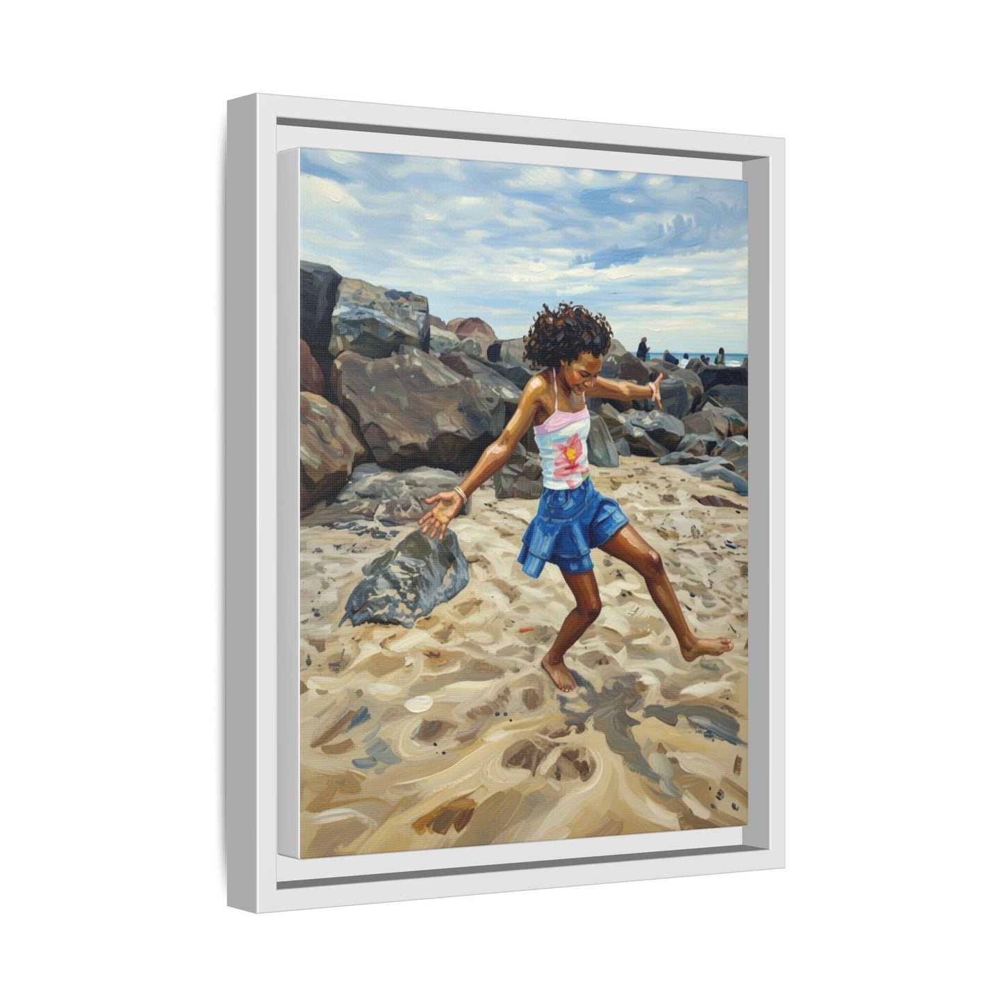 Framed Canvas Art - Girl Dancing on the Beach (Matte Multi-Color)