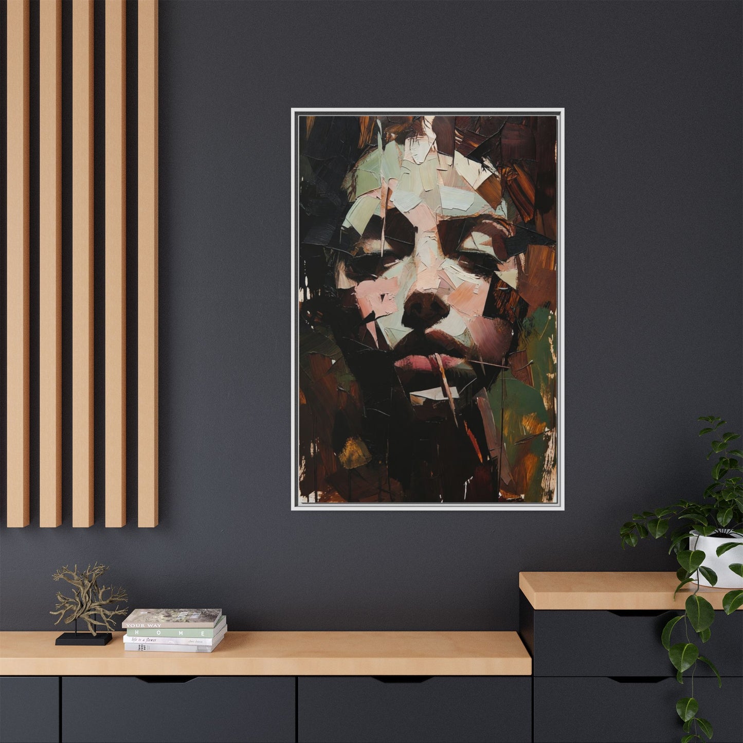 Matte Framed Canvas Art — Abstract Female Portrait, Moody Multicolor
