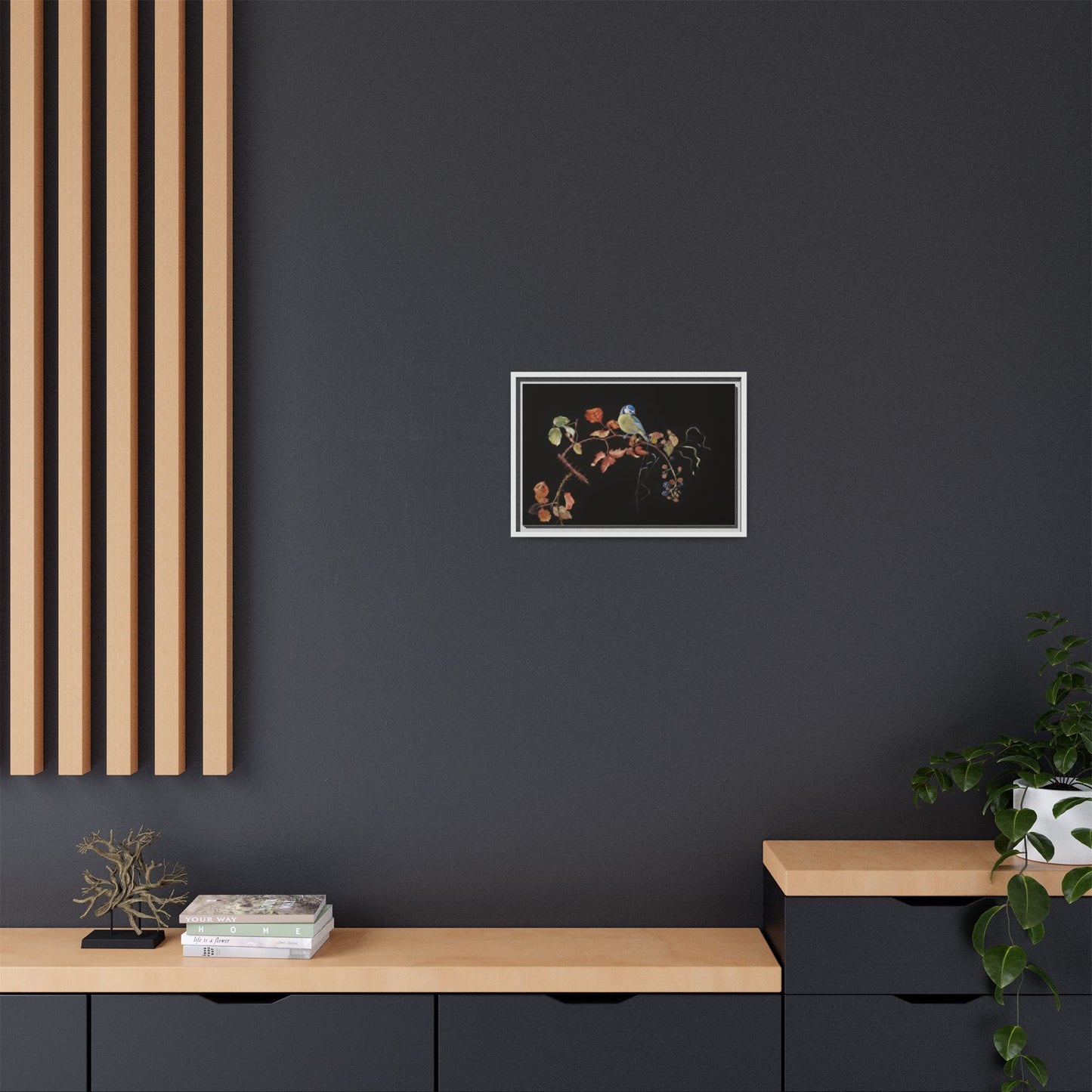 Framed Matte Canvas - Blue Tit on Autumn Branch Wall Art