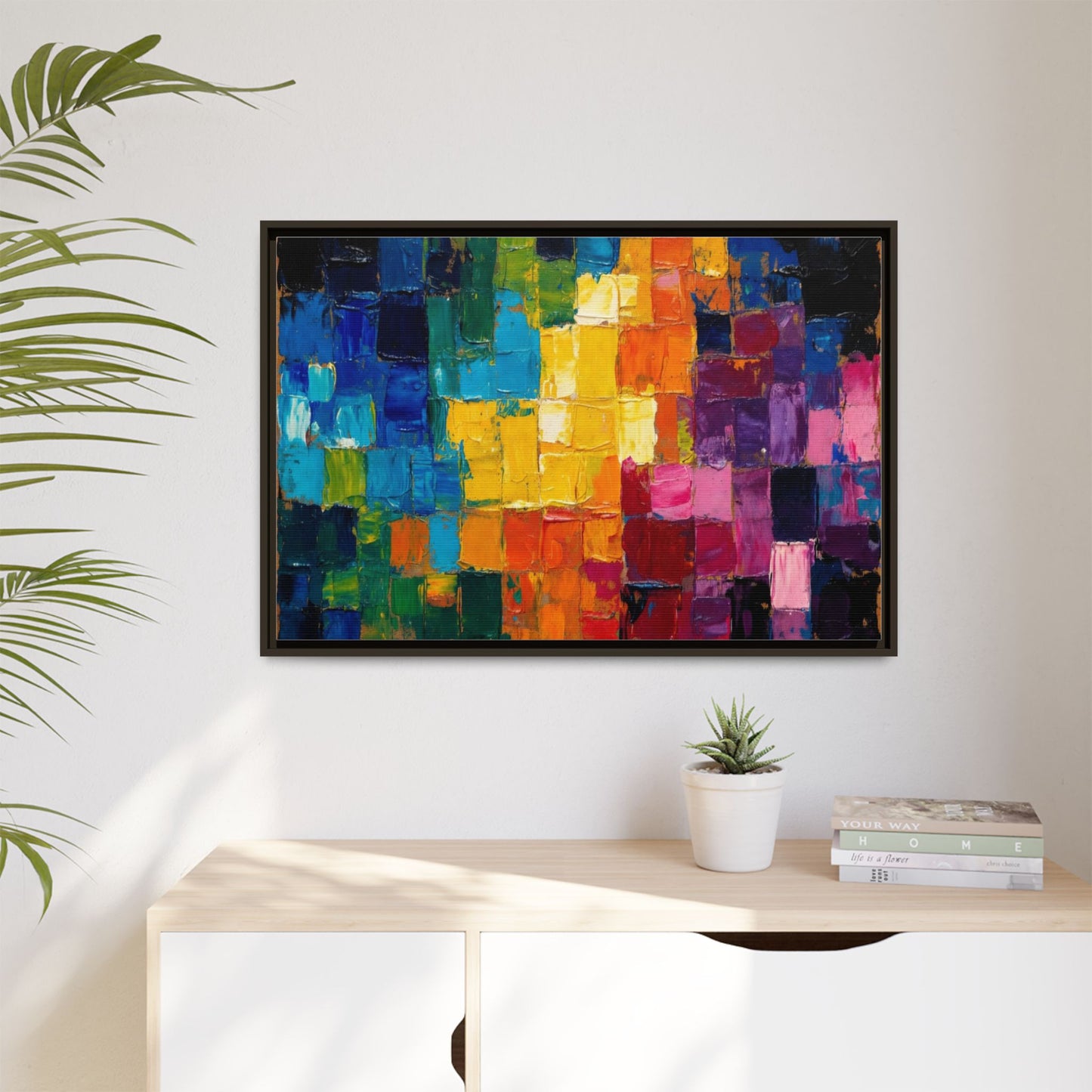Abstract Rainbow Mosaic Framed Canvas Print — Colorful Modern Wall Art