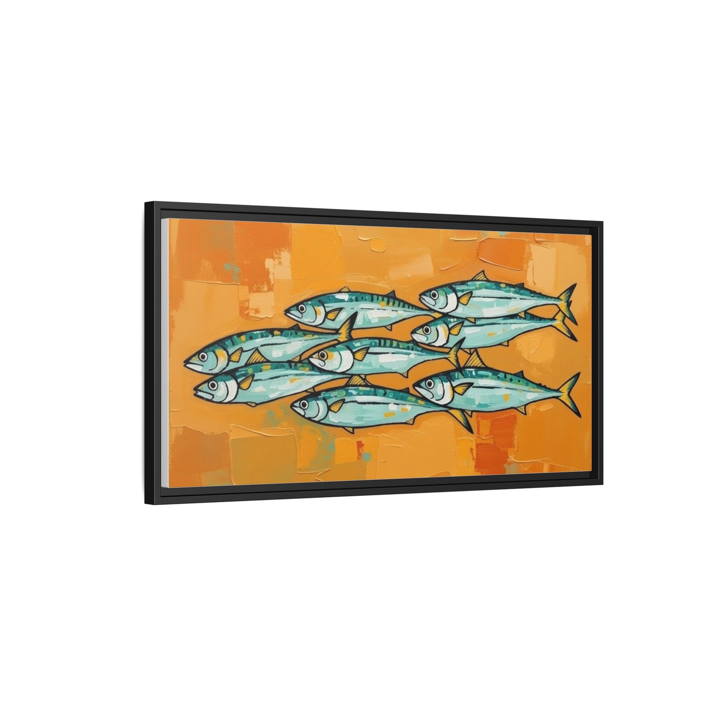 Framed Matte Canvas Print — School of Blue Fish on Orange Abstract Background