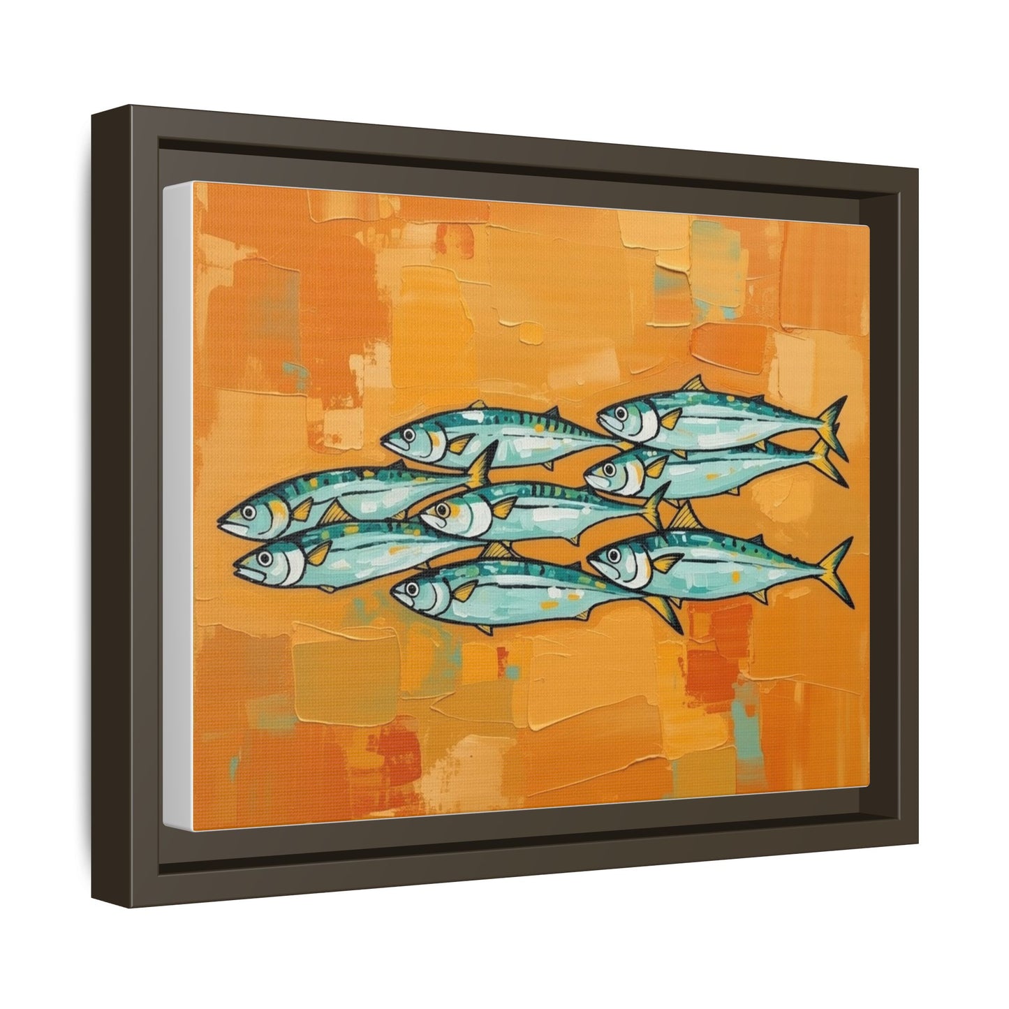 Framed Matte Canvas Print — School of Blue Fish on Orange Abstract Background
