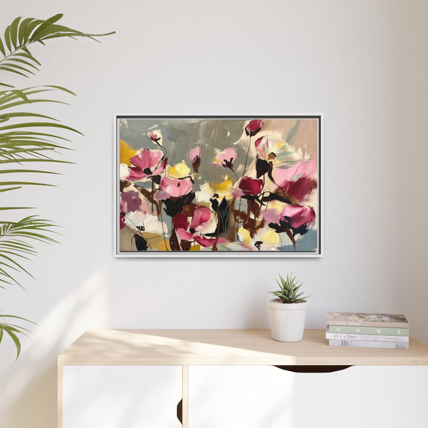 Framed Floral Canvas Wall Art — Abstract Pink & Yellow Flowers