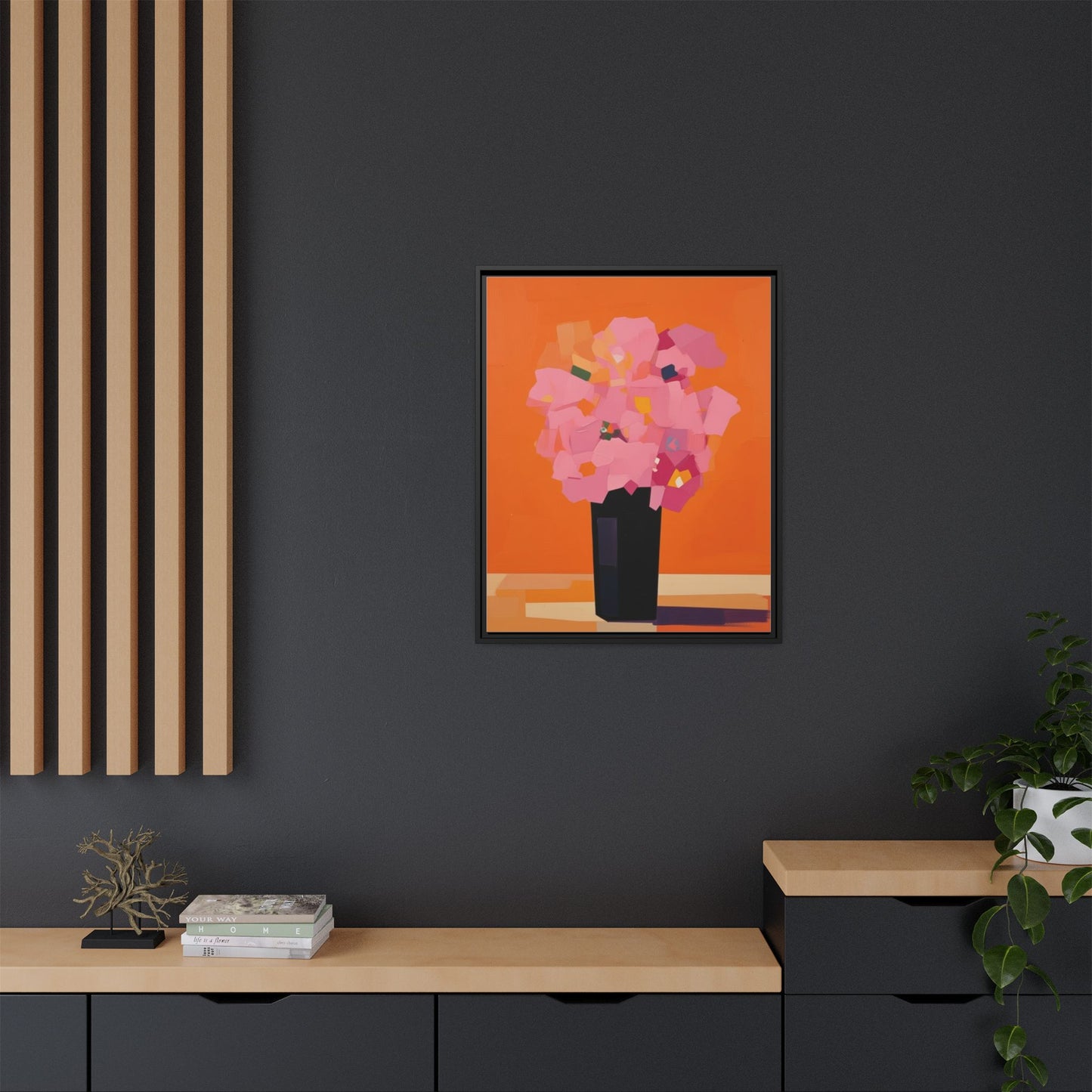 Framed Floral Canvas Art — Pink Bouquet on Orange Background