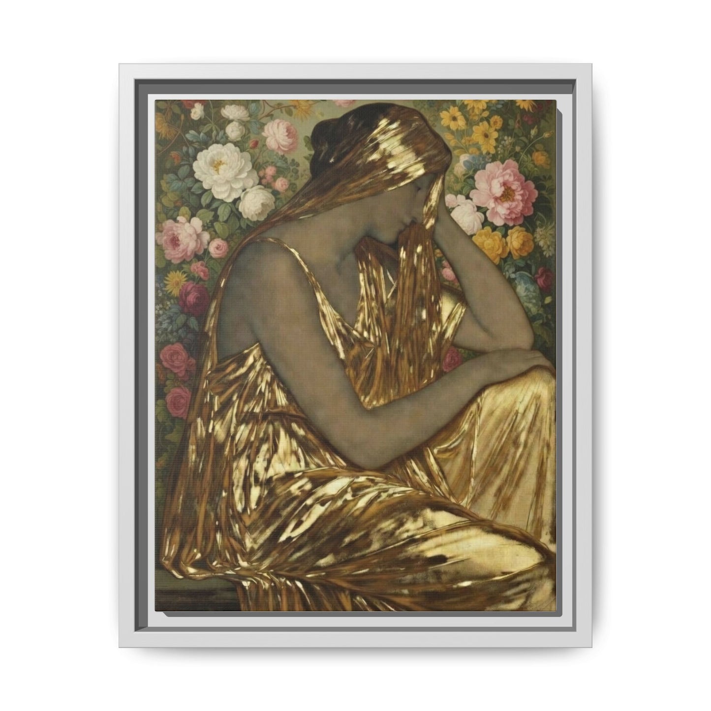 Framed Canvas Art Print — Golden Muse Woman with Floral Background