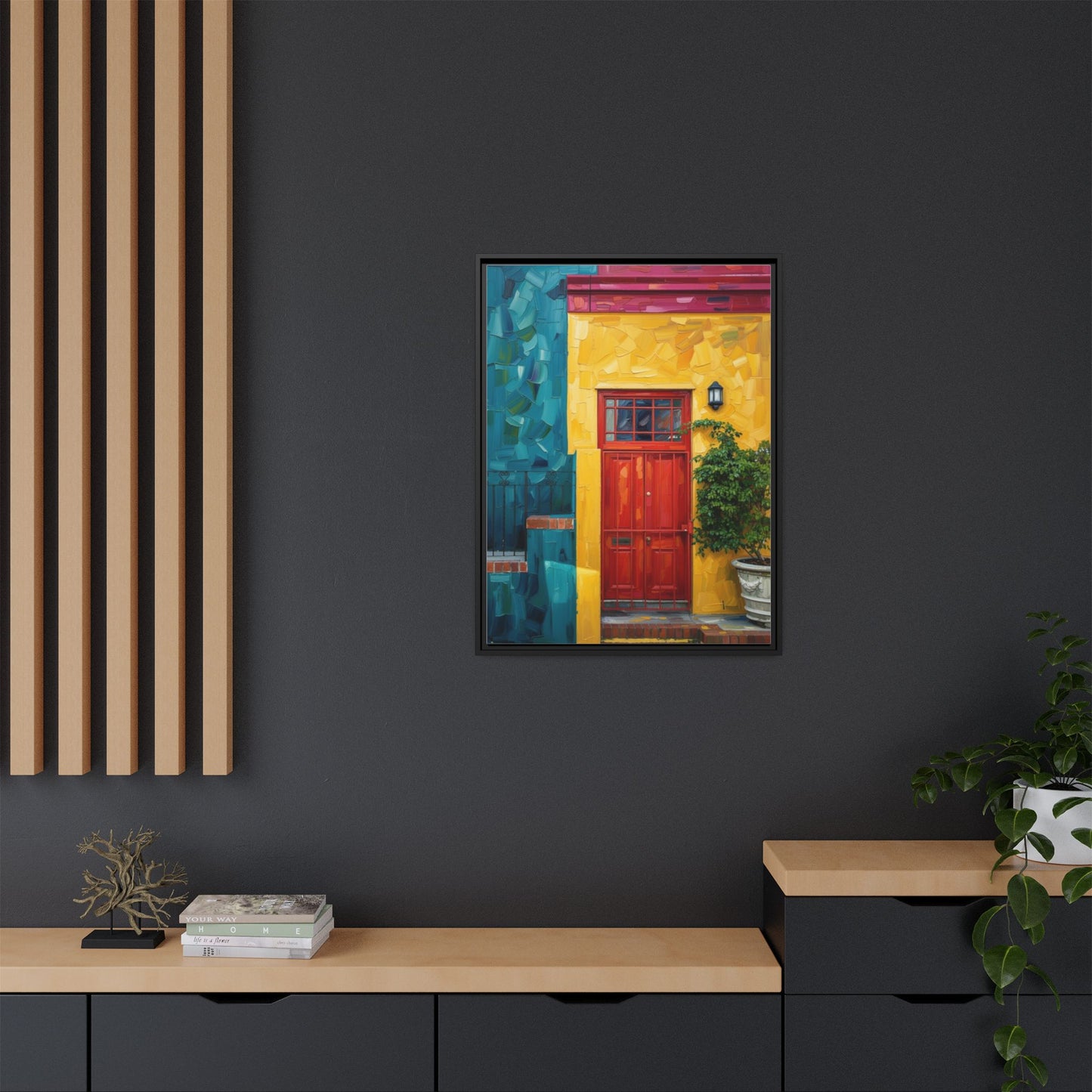 Framed Matte Canvas Wall Art — Colorful Red Door on Yellow Facade