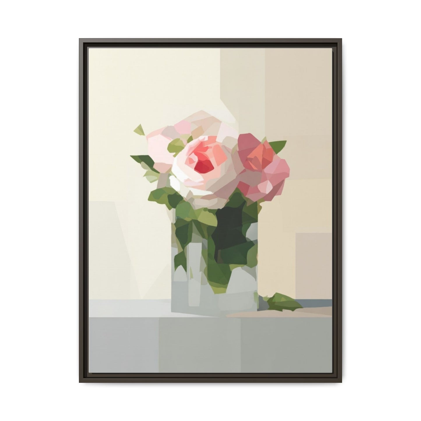 Framed Floral Canvas Print — Geometric Pink Rose Wall Art