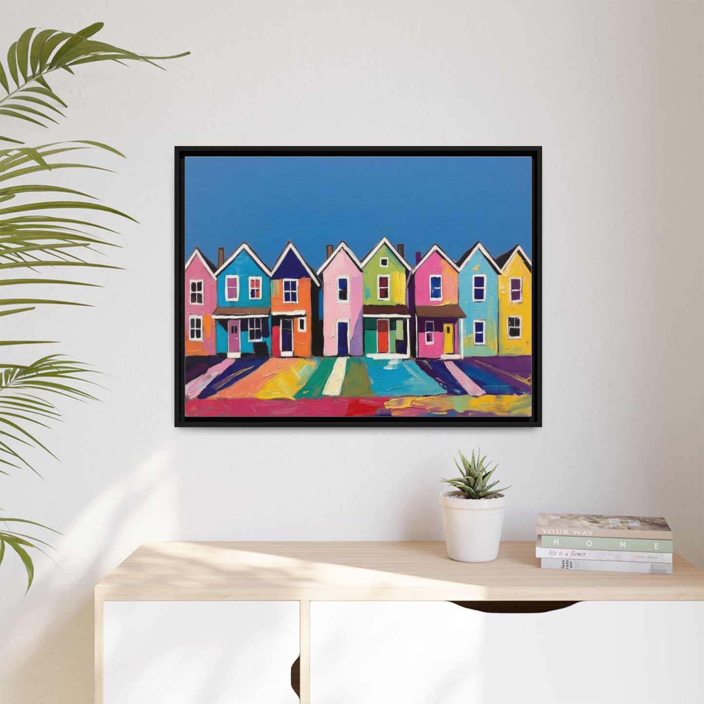 Colorful Beach Houses Matte Canvas Framed Wall Art