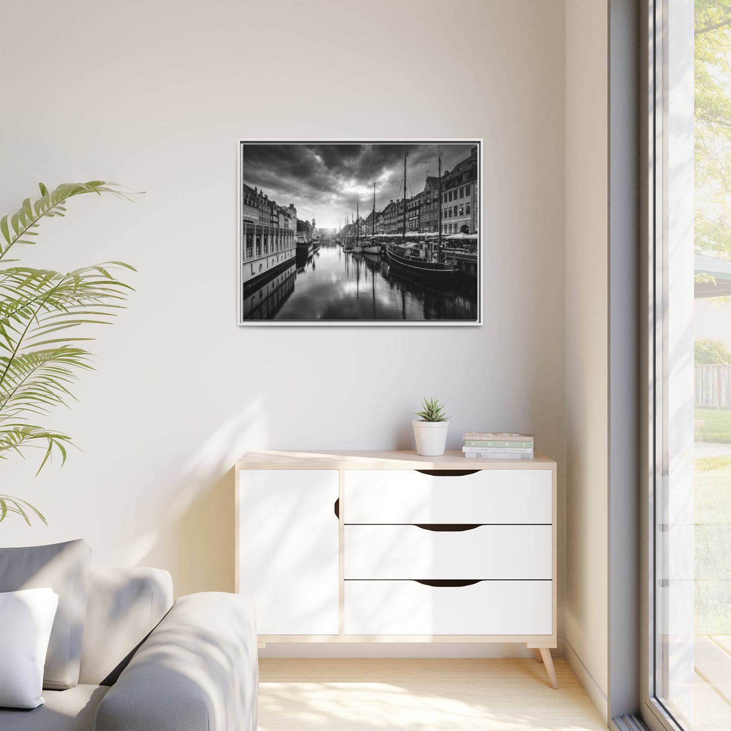Framed Matte Canvas: Black & White Dutch Canal Photography Wall Art