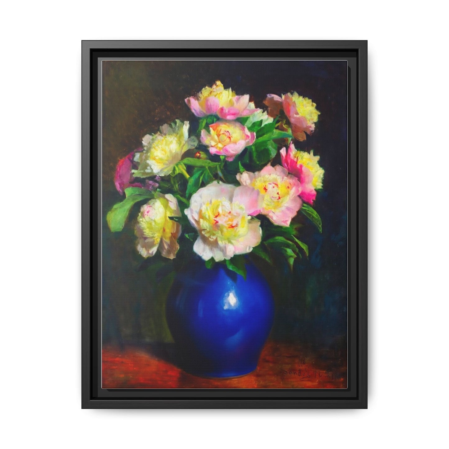 Framed Matte Canvas Wall Art — Vintage Floral Bouquet in Blue Vase