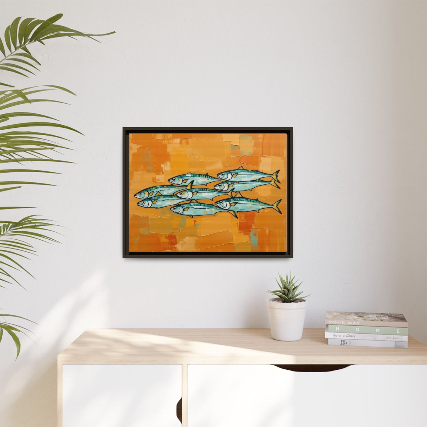 Framed Matte Canvas Print — School of Blue Fish on Orange Abstract Background