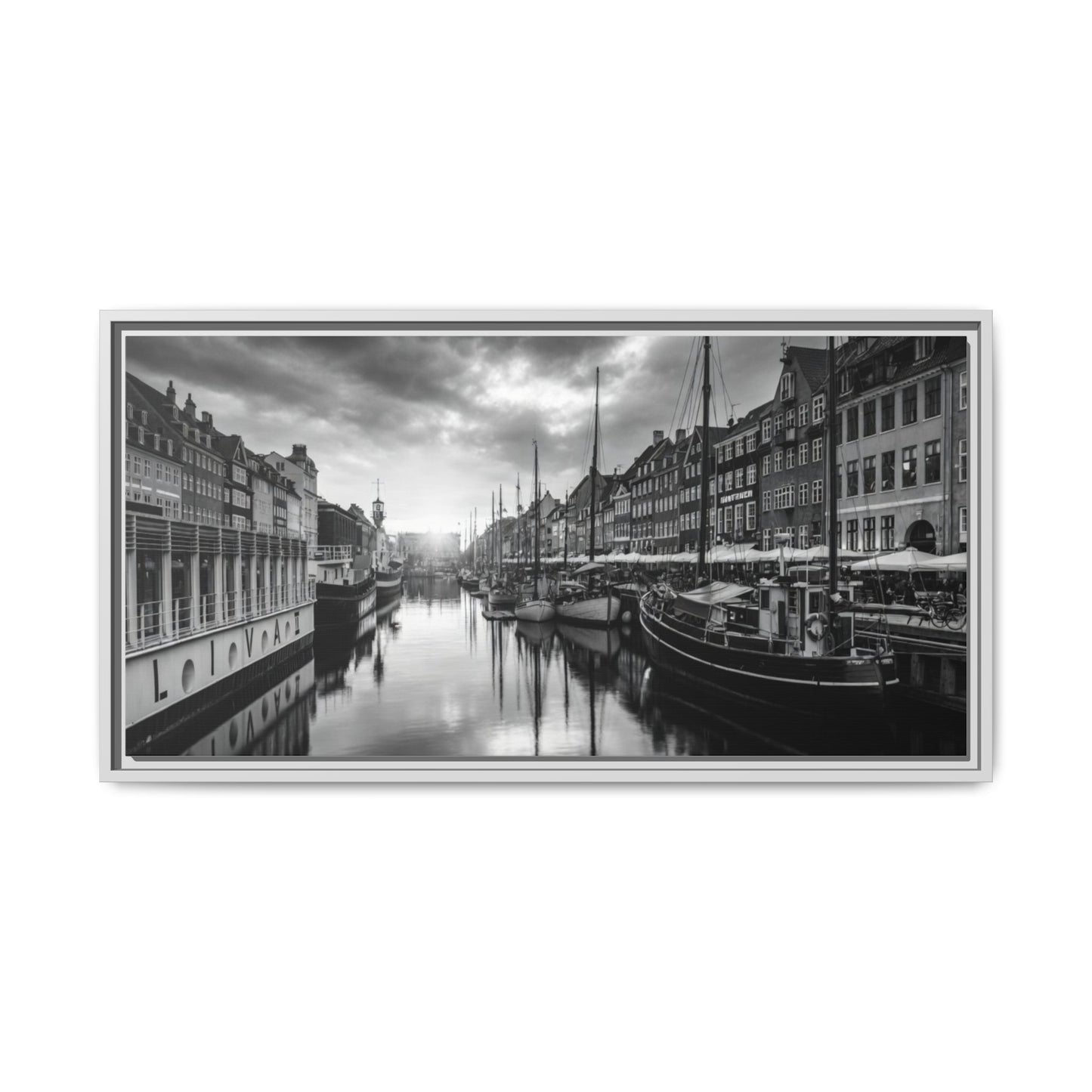 Framed Matte Canvas: Black & White Dutch Canal Photography Wall Art