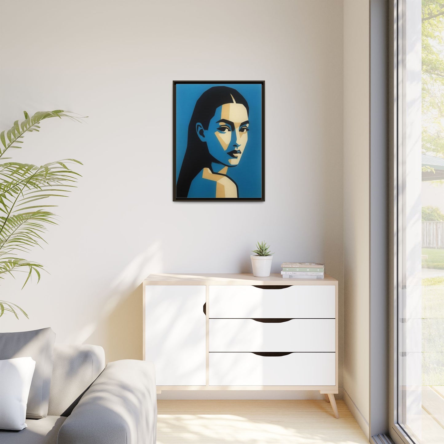Framed Pop Art Portrait Canvas — Blue Geometric Woman Print