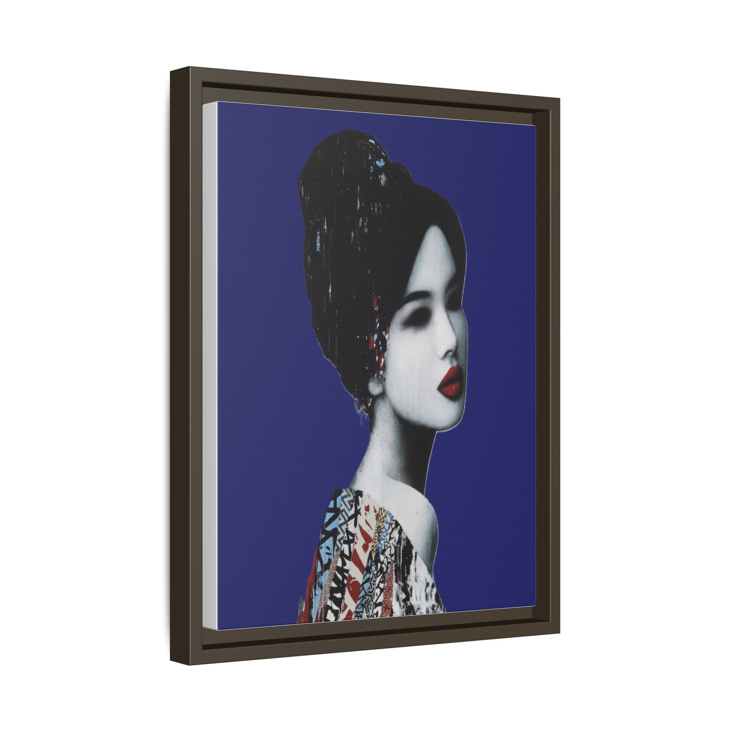 Framed Matte Canvas Art — Elegant Geisha Portrait on Deep Blue