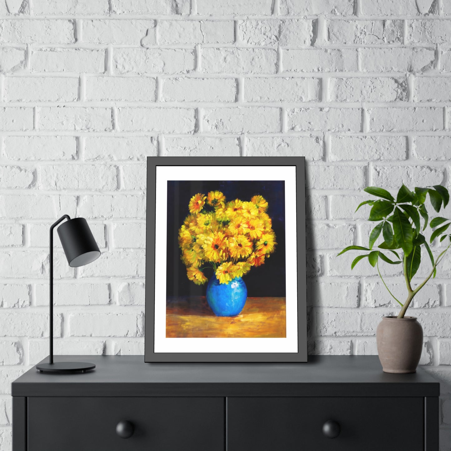 Framed Art Print — Yellow Daisy Bouquet in Blue Vase