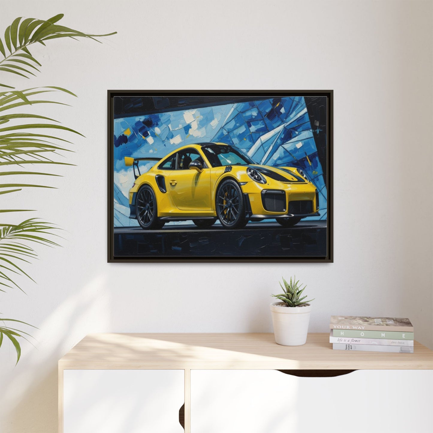 Yellow Porsche Sports Car Matte Framed Canvas – Modern Automotive Wall Art