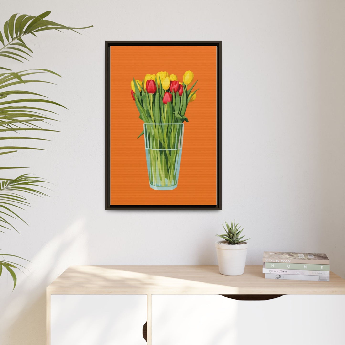 Framed Tulip Canvas Print — Colorful Tulips in Glass Vase