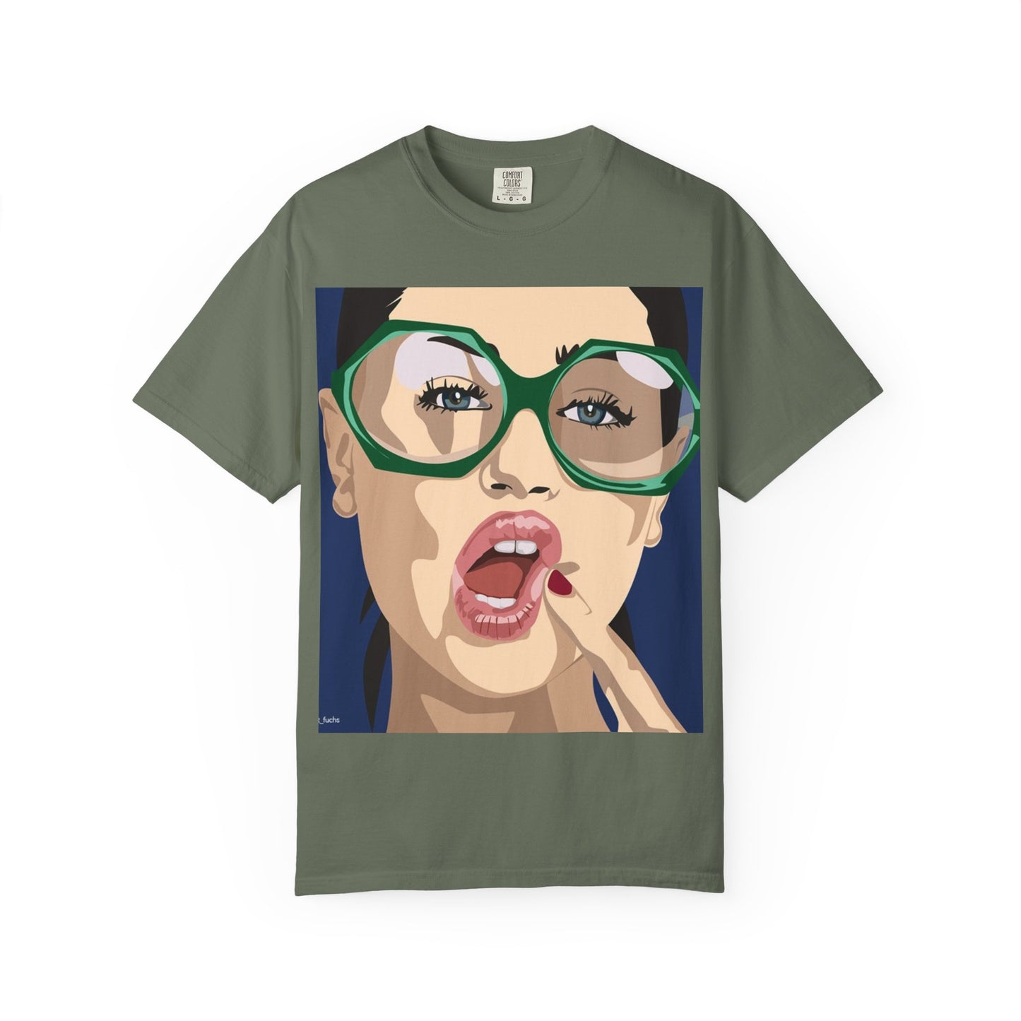 Pop Art Woman Graphic T‑Shirt — Retro Chic Green Glasses Design