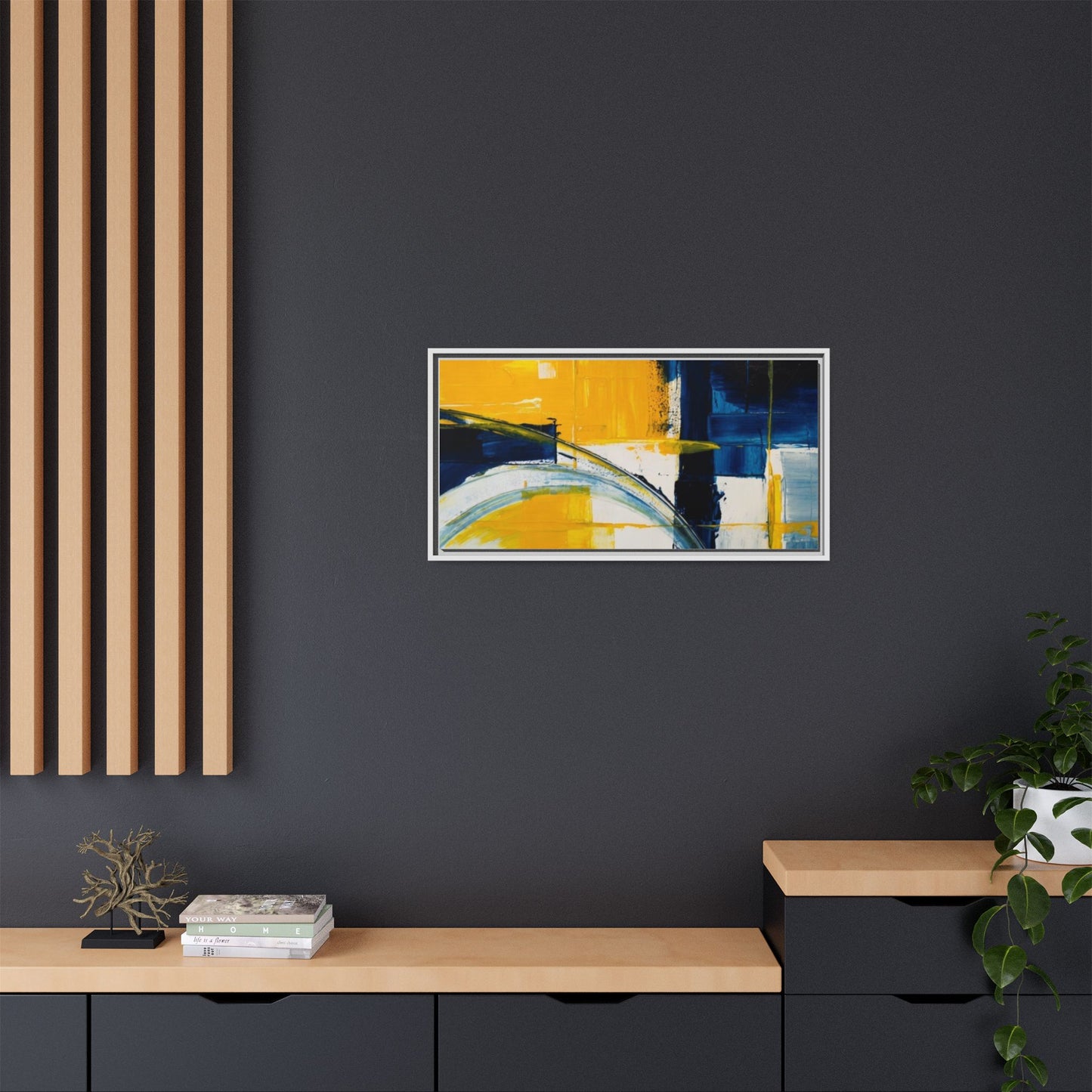 Abstract Yellow & Blue Framed Canvas Wall Art — Modern Matte Canvas Print
