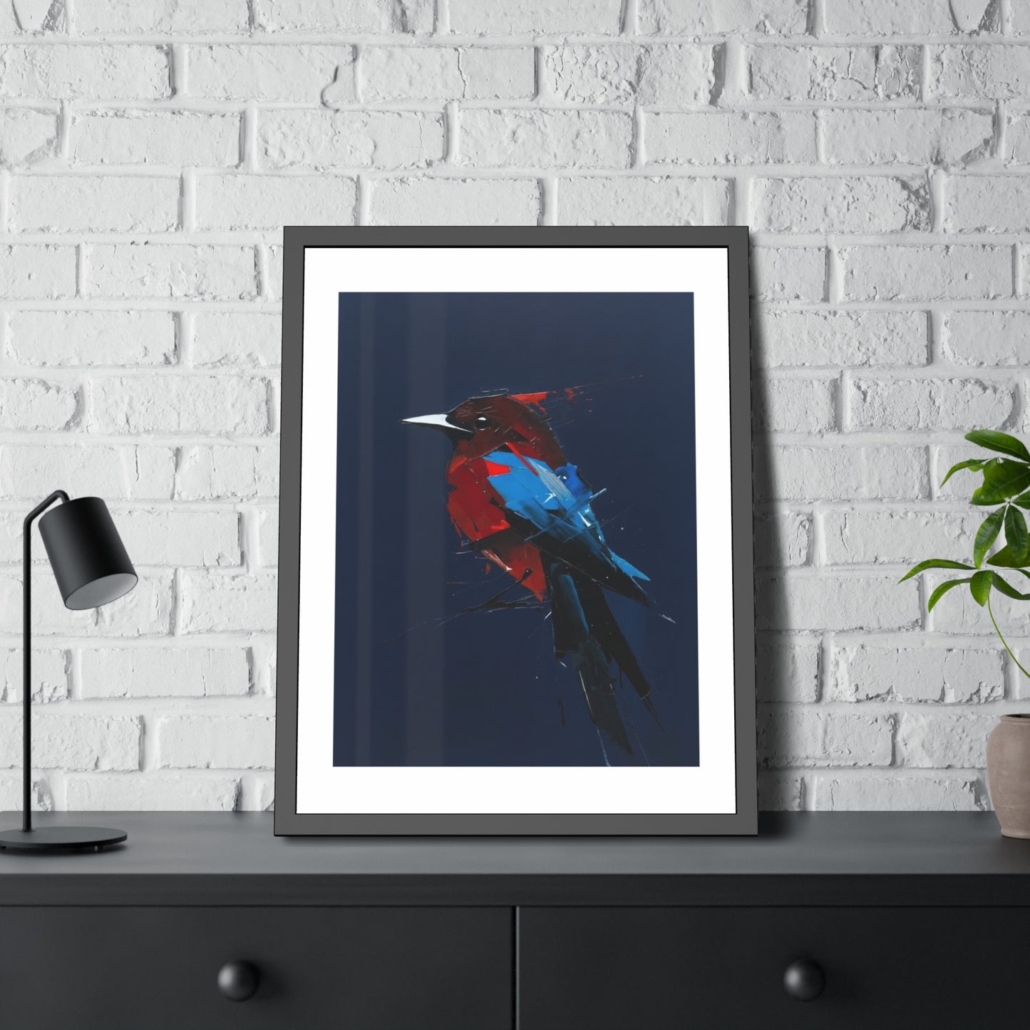 Framed Bird Art Print — Modern Red & Blue Kingfisher Poster