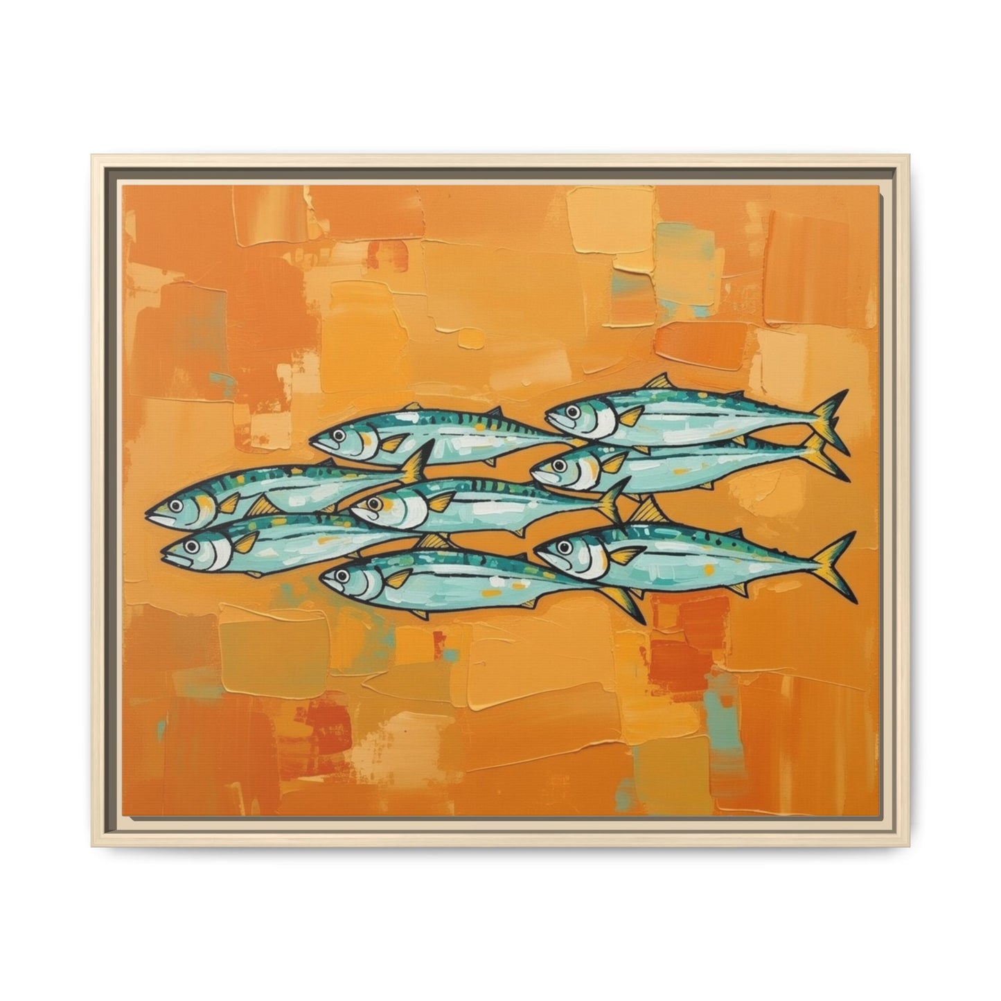 Framed Matte Canvas Print — School of Blue Fish on Orange Abstract Background