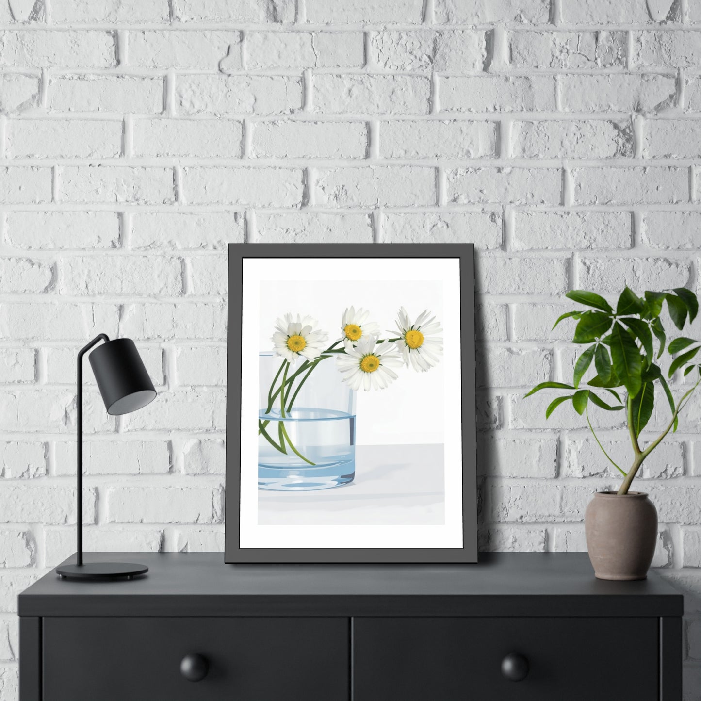 Framed Poster — Daisies in Glass Vase Wall Art, Minimal Botanical Print for Living Room