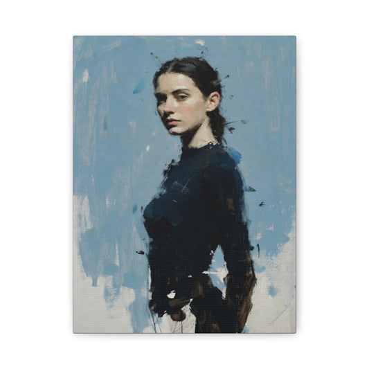 Matte Stretched Canvas Print — Portrait of a Young Woman, Moody Blue Figurative Art