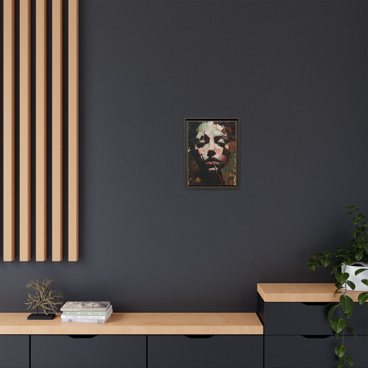 Matte Framed Canvas Art — Abstract Female Portrait, Moody Multicolor