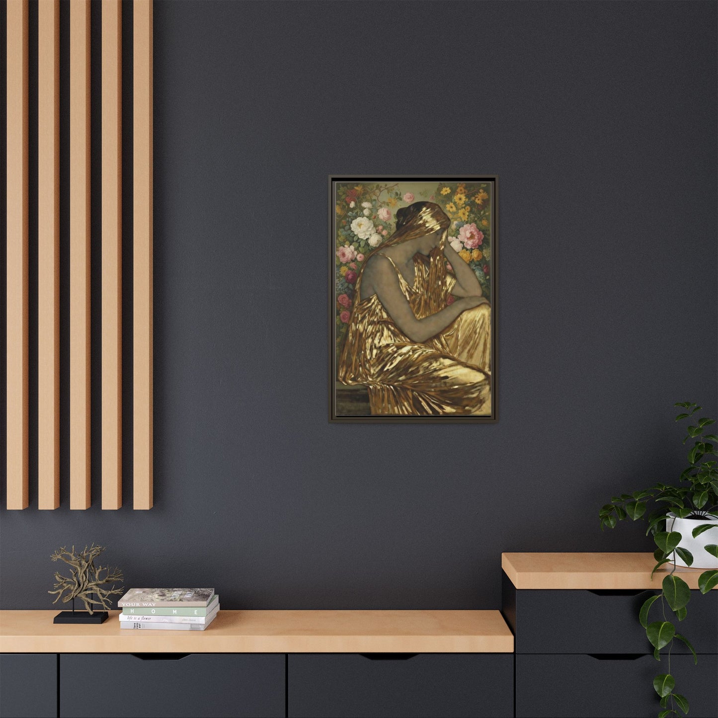 Framed Canvas Art Print — Golden Muse Woman with Floral Background