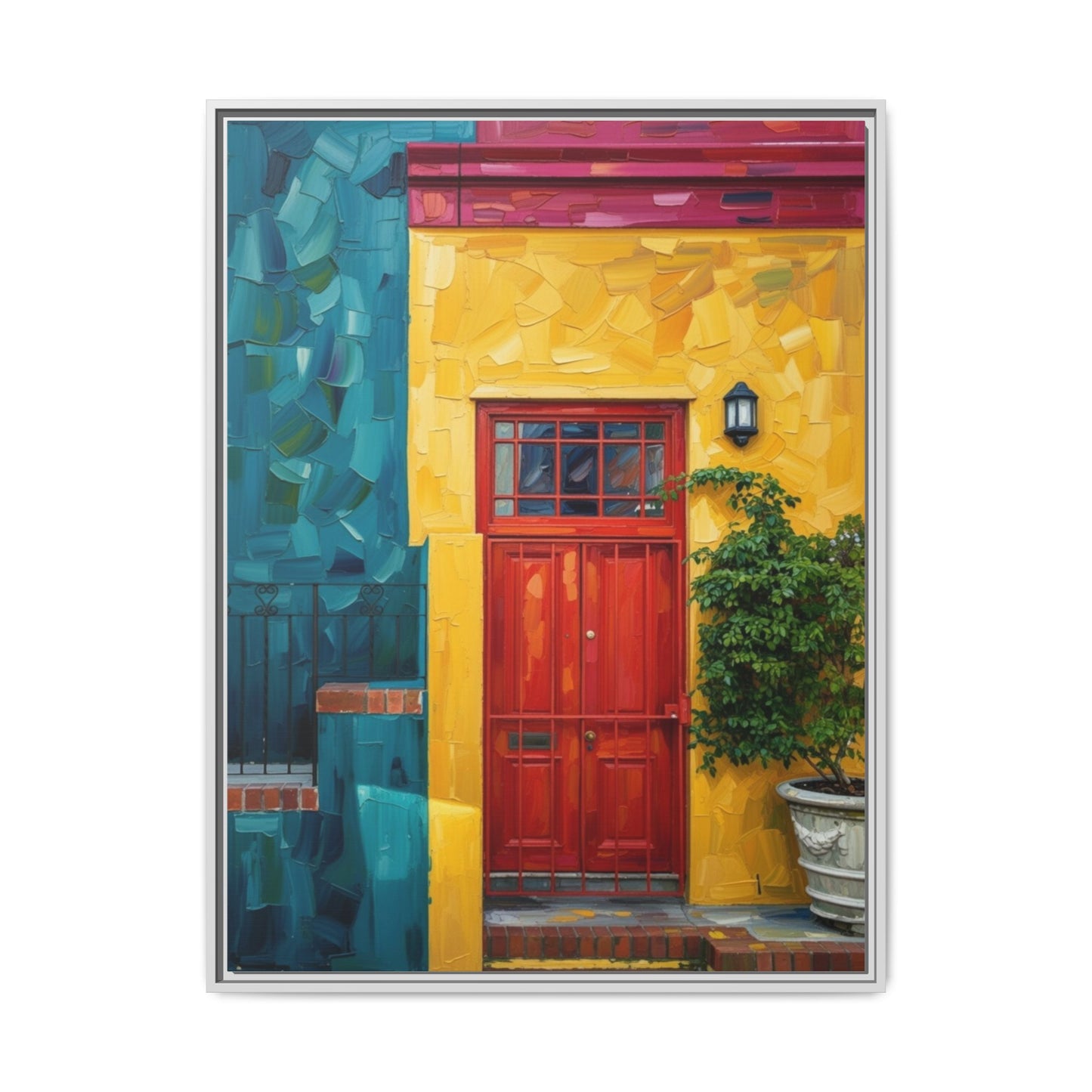 Framed Matte Canvas Wall Art — Colorful Red Door on Yellow Facade