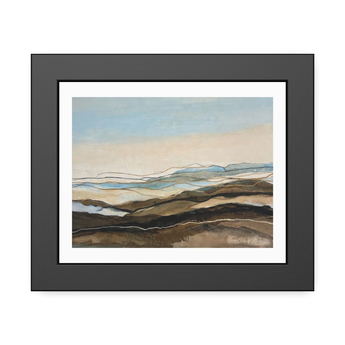 Coastal Abstract Landscape Framed Poster — Serene Blue & Earthtone Wall Art