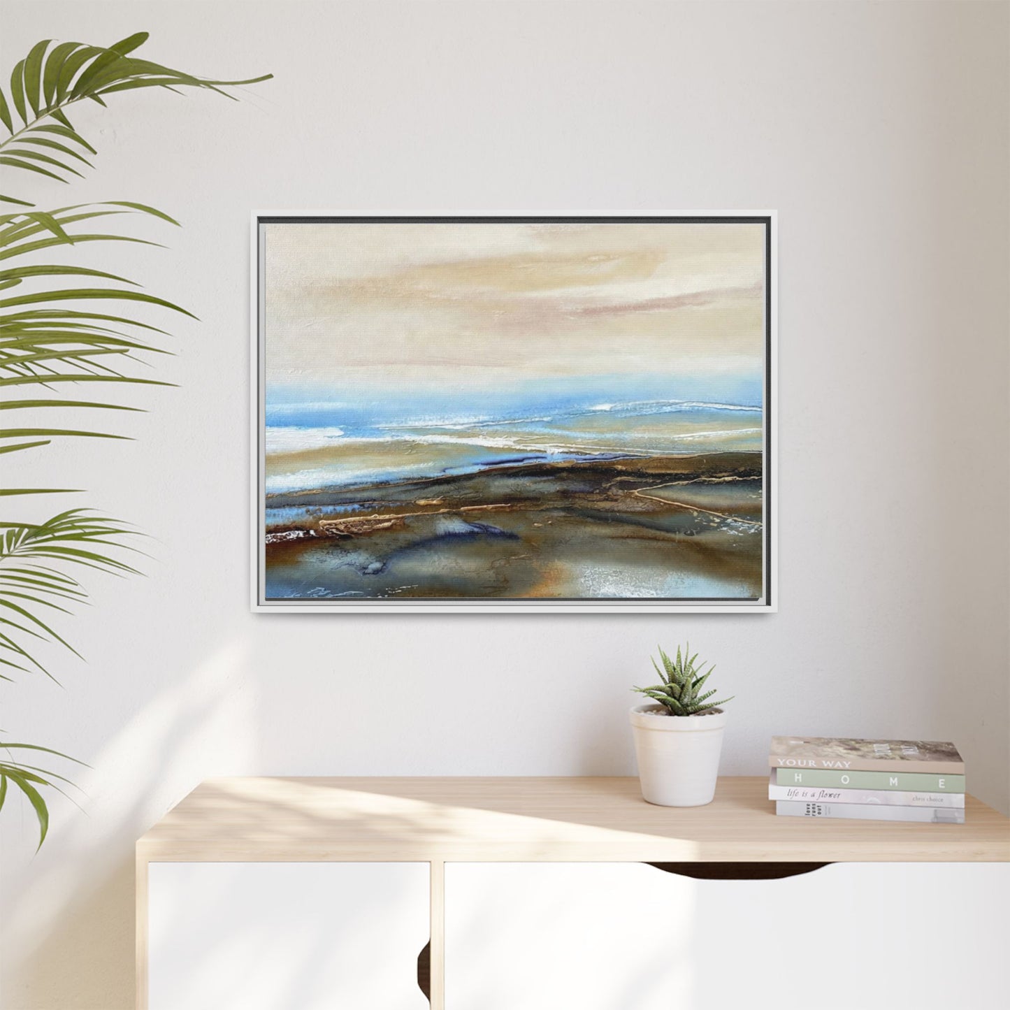 Framed Abstract Seascape Matte Canvas — Coastal Blue & Earth Tone Wall Art