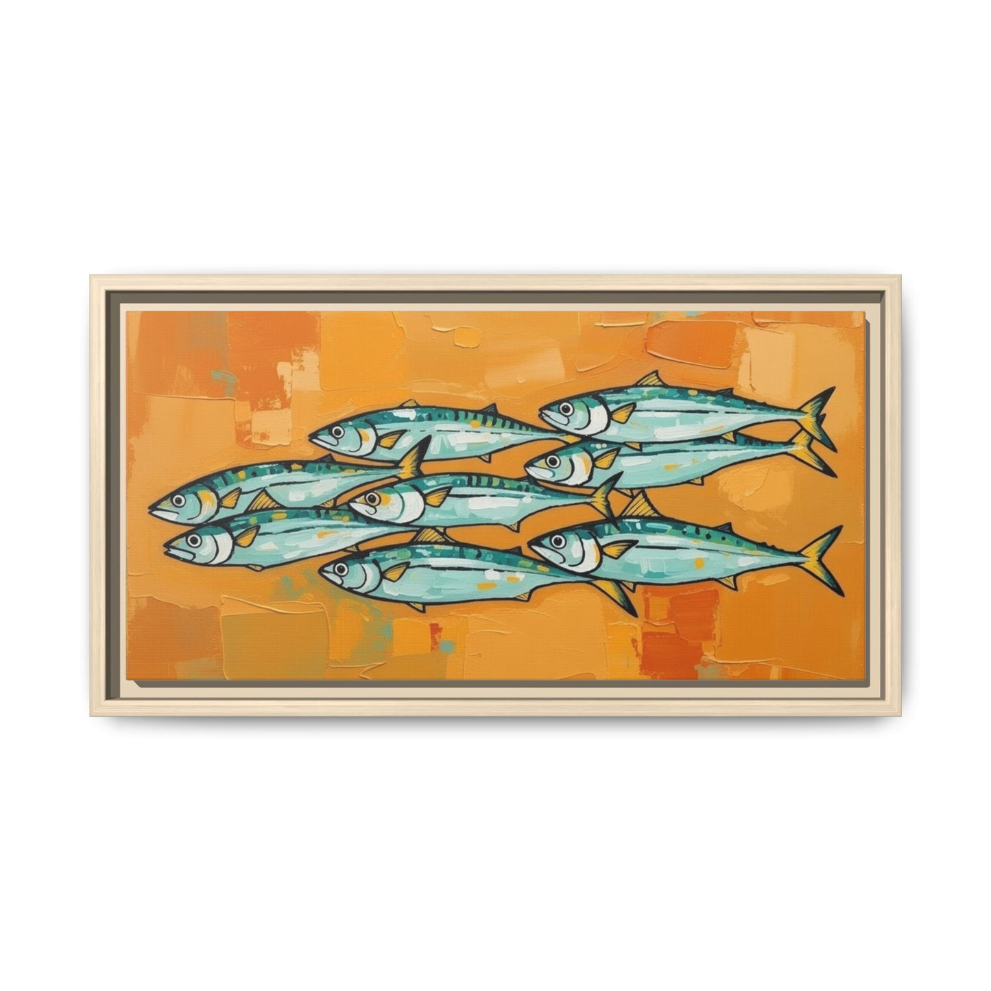 Framed Matte Canvas Print — School of Blue Fish on Orange Abstract Background