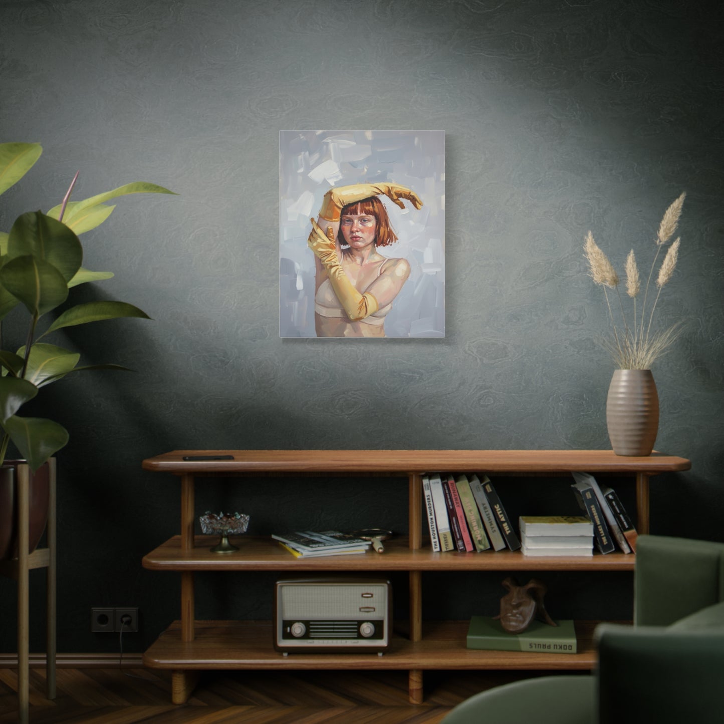 Portrait Canvas Print — Redheaded Woman with Yellow Gloves, Matte Stretched Art