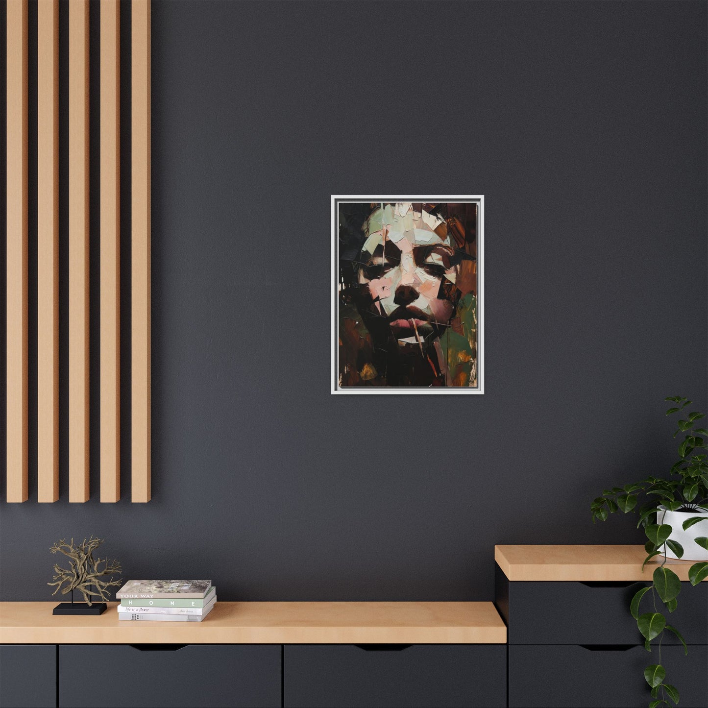 Matte Framed Canvas Art — Abstract Female Portrait, Moody Multicolor