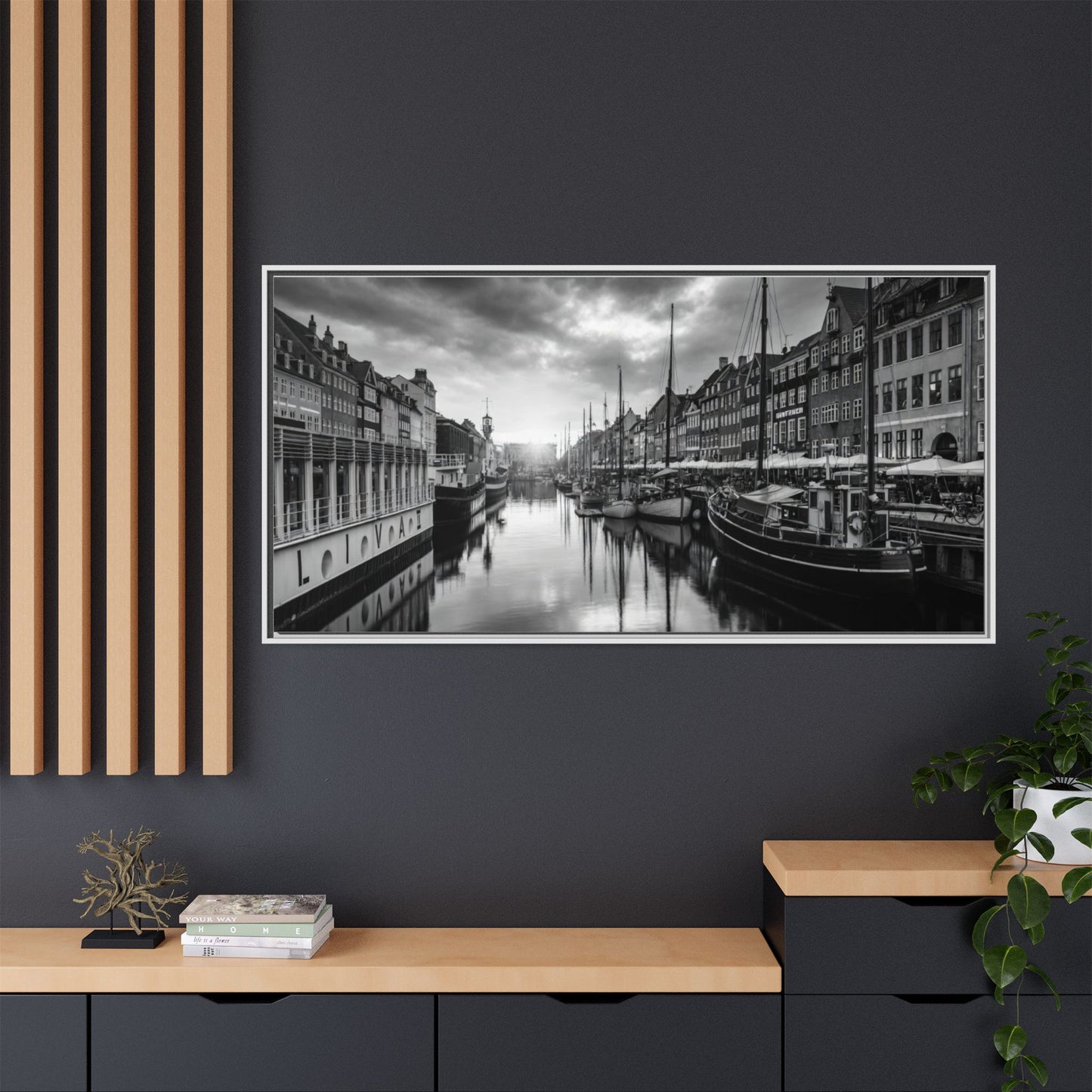 Framed Matte Canvas: Black & White Dutch Canal Photography Wall Art
