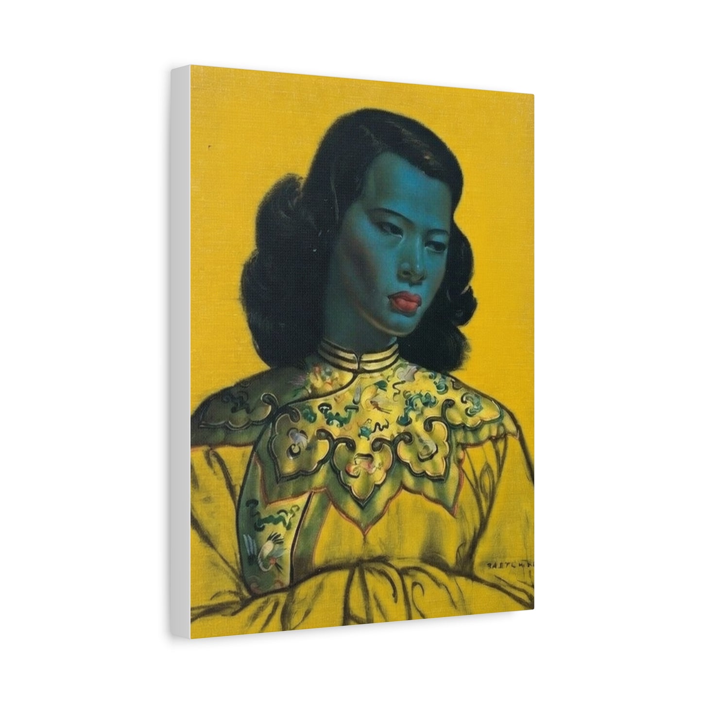 Vintage Portrait Canvas Print — Mid-Century Asian Woman Art on Yellow Background