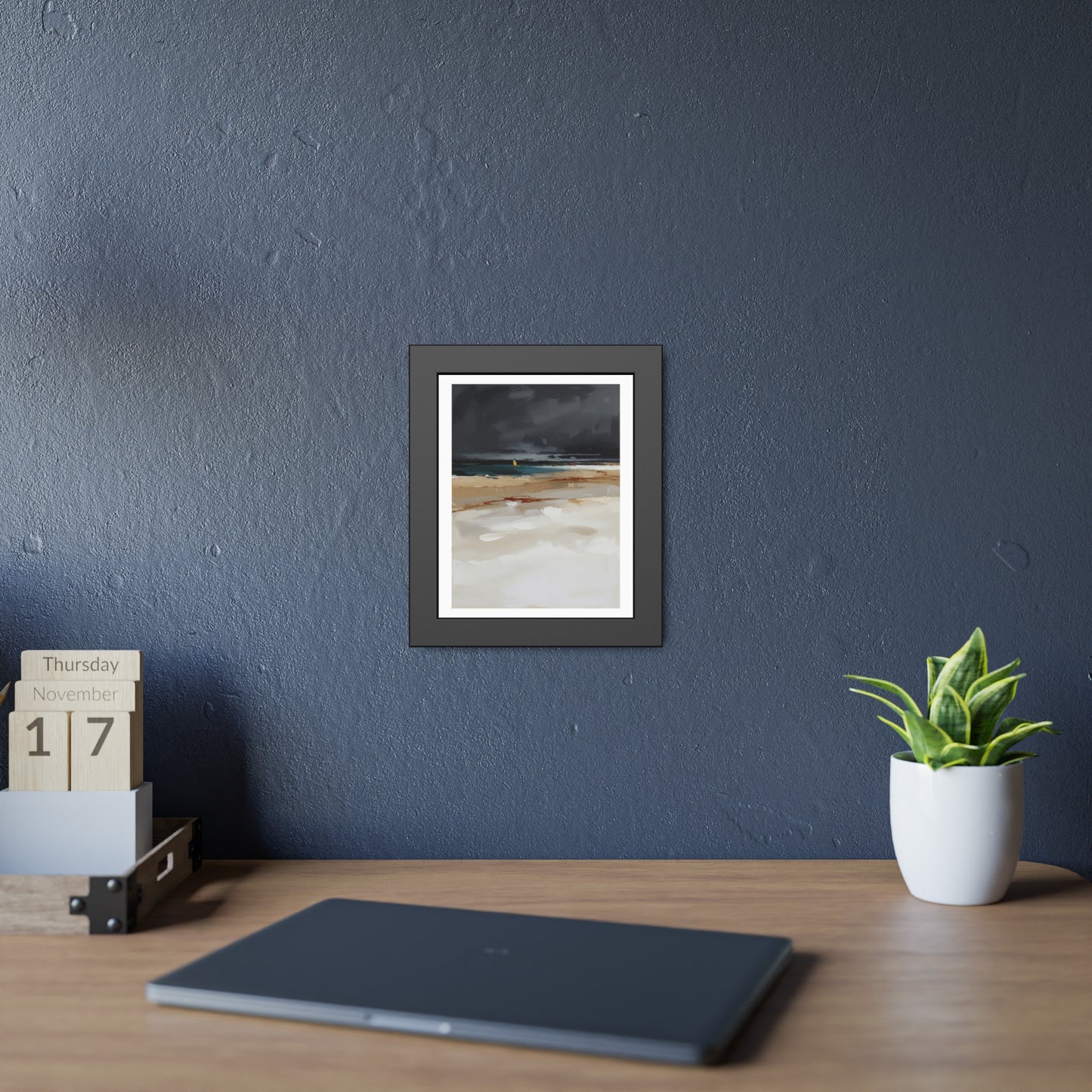 Framed Coastal Beach Print — Moody Seascape Poster in Black Frame