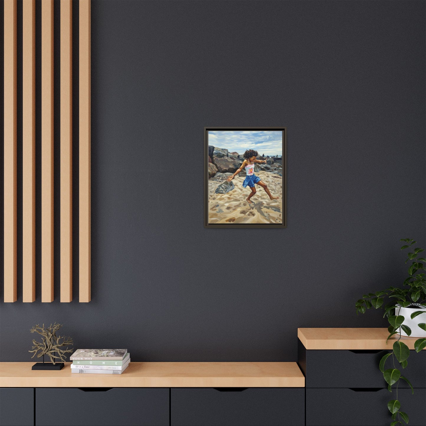 Framed Canvas Art - Girl Dancing on the Beach (Matte Multi-Color)