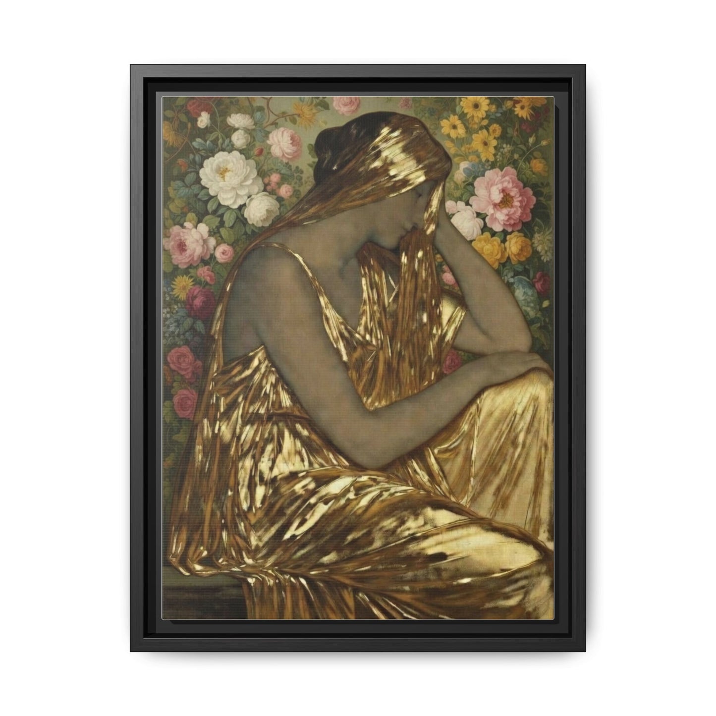 Framed Canvas Art Print — Golden Muse Woman with Floral Background