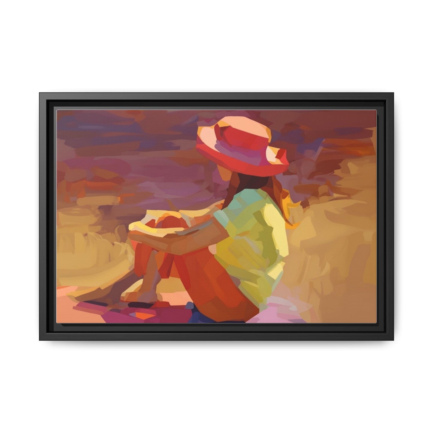Framed Matte Canvas — Colorful Seated Girl Beach Art