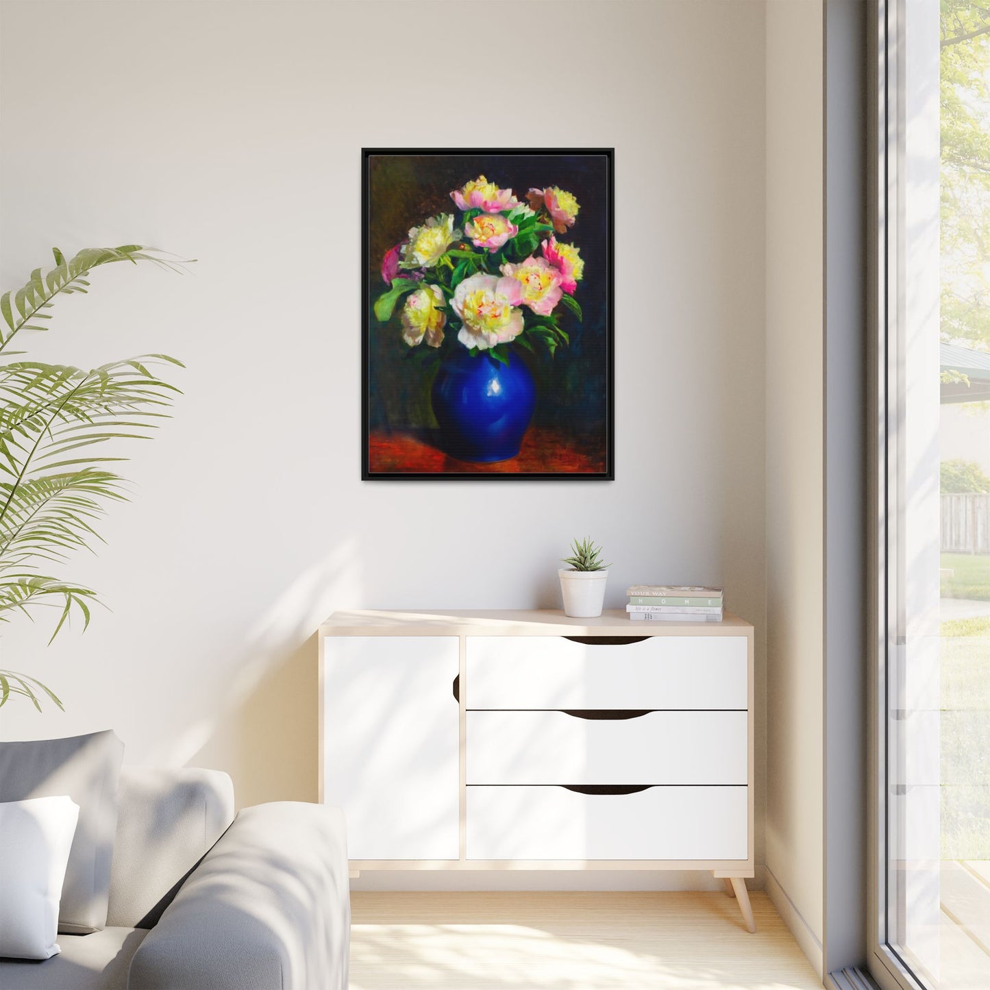 Framed Matte Canvas Wall Art — Vintage Floral Bouquet in Blue Vase
