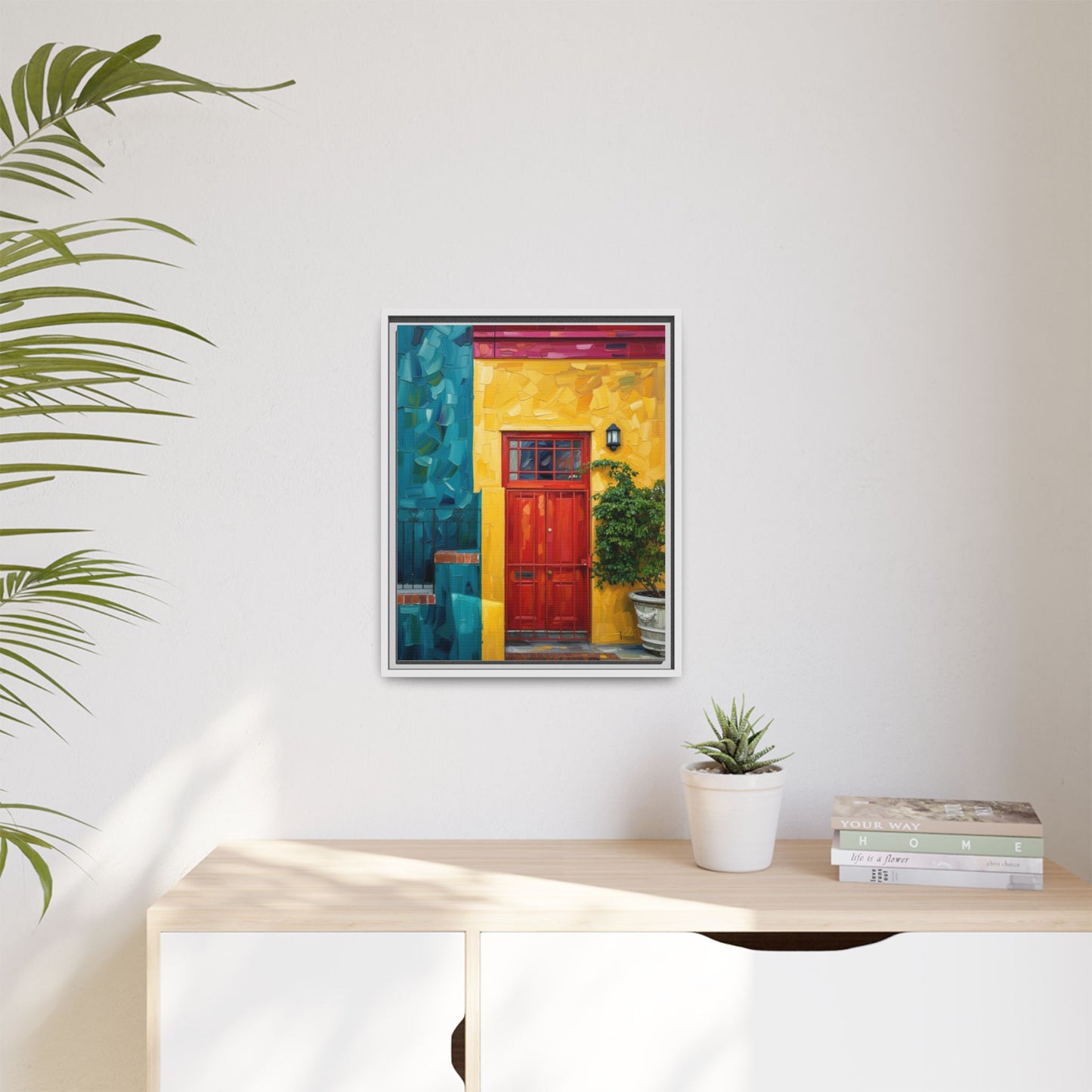 Framed Matte Canvas Wall Art — Colorful Red Door on Yellow Facade