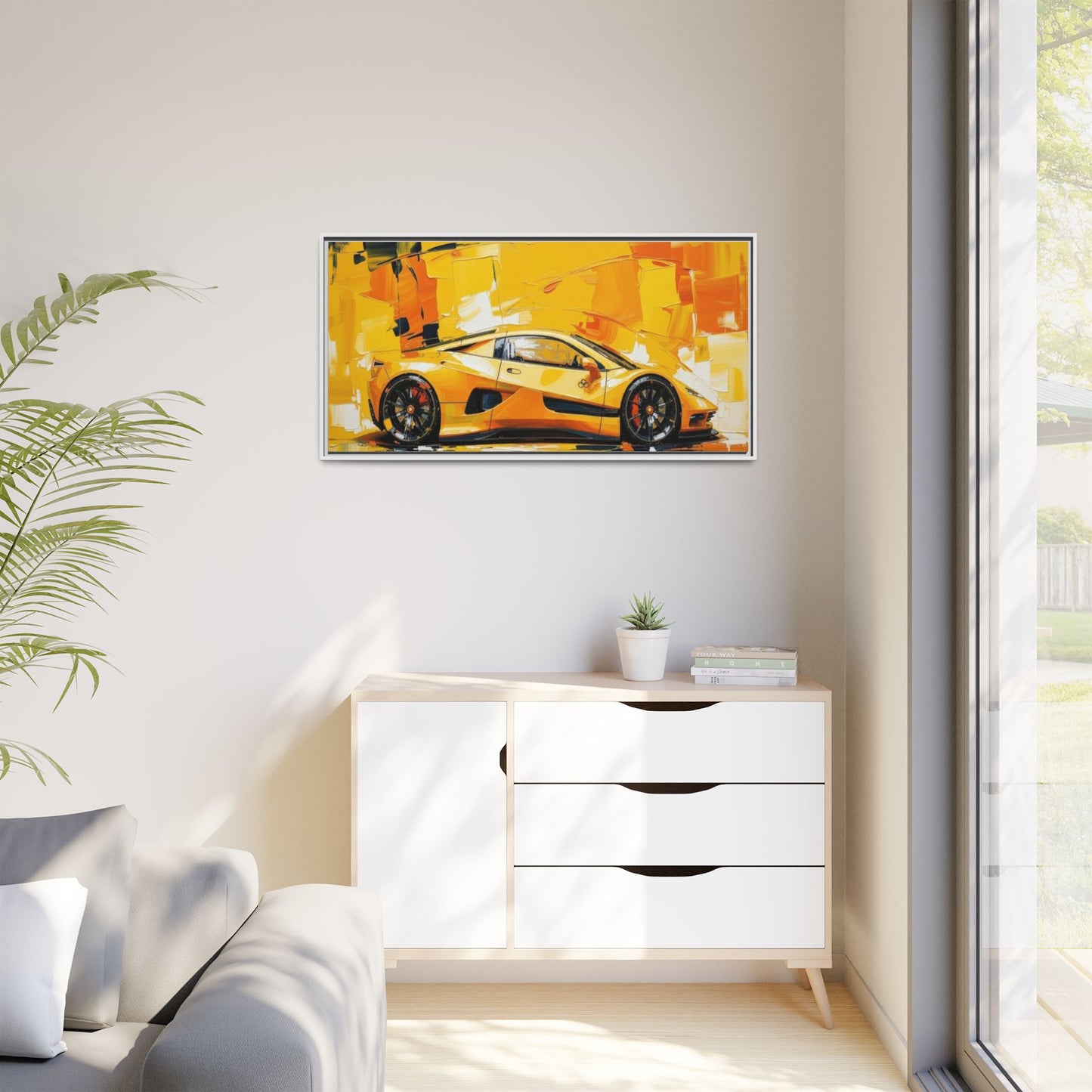 Yellow Sports Car Abstract Matte Canvas Framed Print