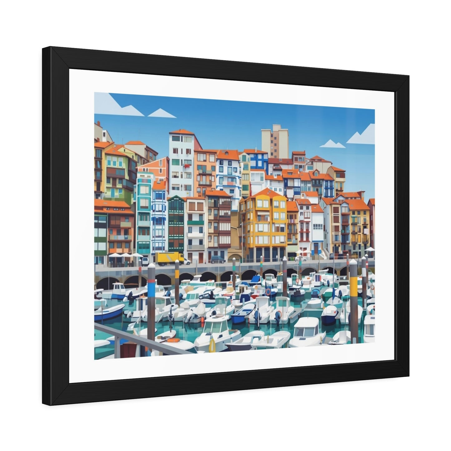 Harbor Marina Framed Poster — Colorful Coastal Cityscape Wall Art